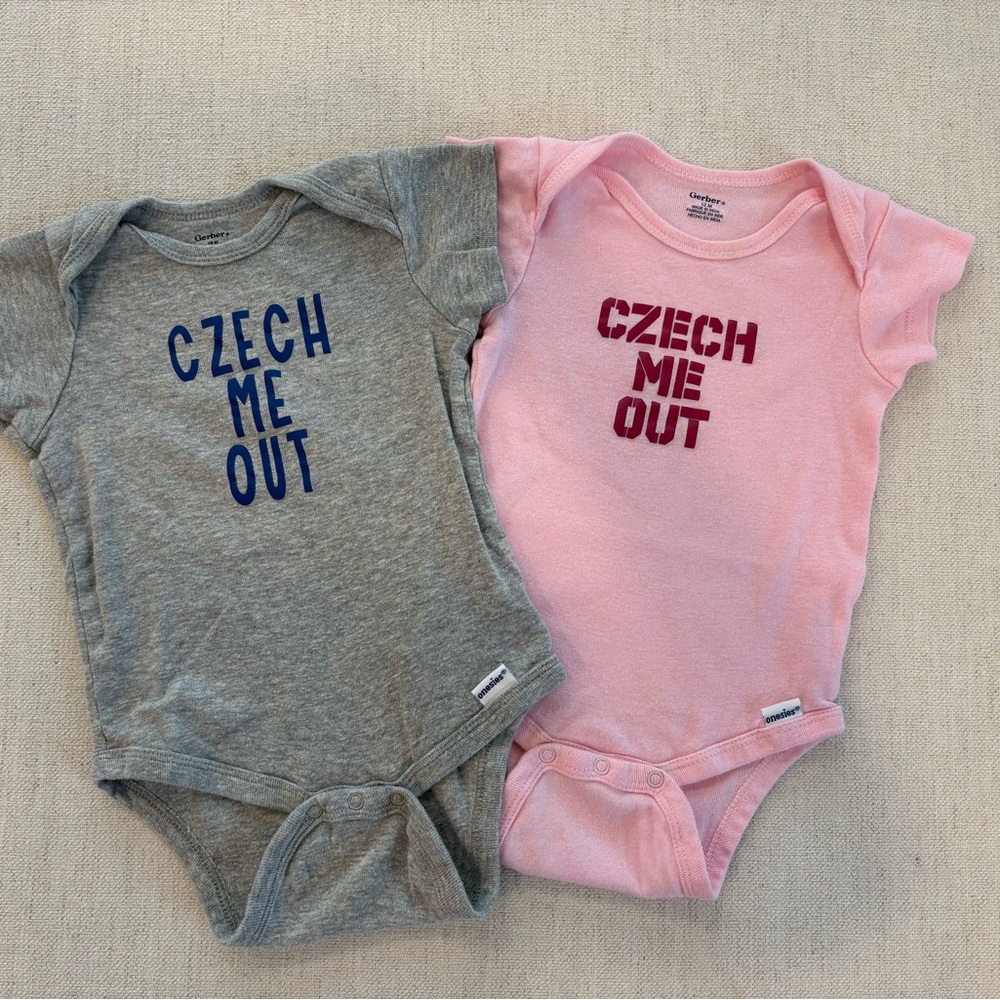“Czech Me Out” Gerber Baby Bodysuits - Pink and Gray Bundle Sz 12 and 18 M